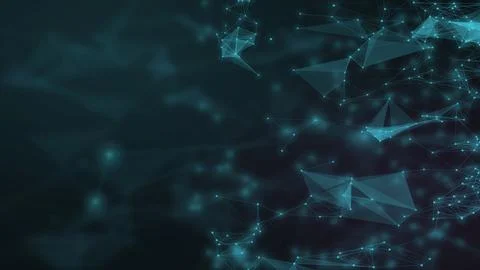 Glowing cyan nodes and translucent geometric fragments emerge from a deep b.. Stock Illustration