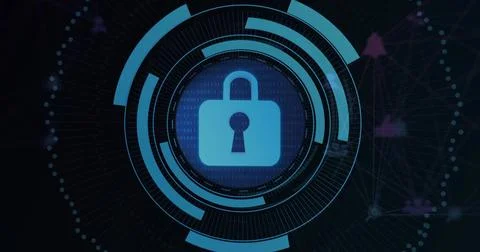 Glowing cyan padlock sitting inside HUD rings on interface, showing binary core Stock Illustration