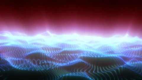 Glowing cyan particle waves form a futuristic digital landscape beneath a r.. Stock Illustration