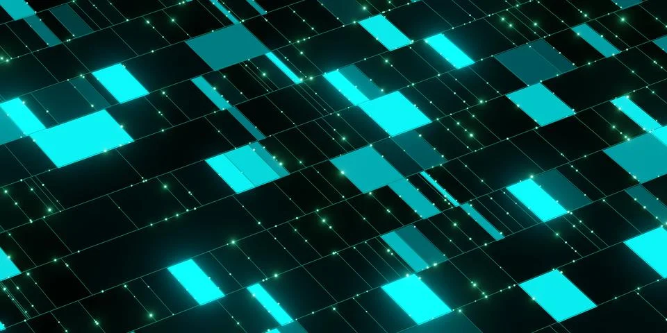 Glowing Cyan Rectangles in Abstract Digital Network Grid Stockillustratie