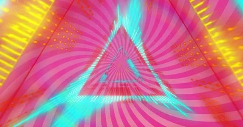 Glowing cyan triangle pulling into VR tunnel with pink spiral, cyan rays, yellow Stock-Illustration