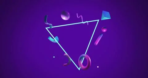 Glowing cyan triangular wireframe floating in purple-indigo gradient, featuring Stock Photos