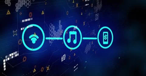 Glowing cyan trio hovering on navy gradient with hex nodes, connecting Wi?Fi, Stock Illustration