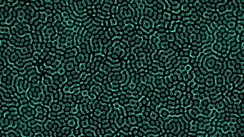 Glowing cyan Turing pattern of fine round spots drifting, splitting and mergi Stock Footage 348314109