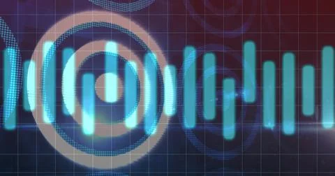 Glowing cyan waveform running across center on dark gridded plane, with conce Stock Illustration