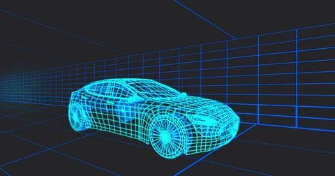 Glowing cyan wireframe coupe model occupying virtual tunnel, showing wheels,  Stock Illustration