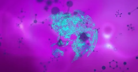 Glowing cyan wireframe globe forming in virtual space, showing connected nodes Stock Photos