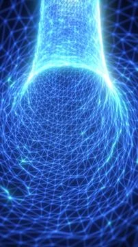 Glowing cyan wireframe mesh structure with polygon network lines, futuristi.. Ilustração Stock