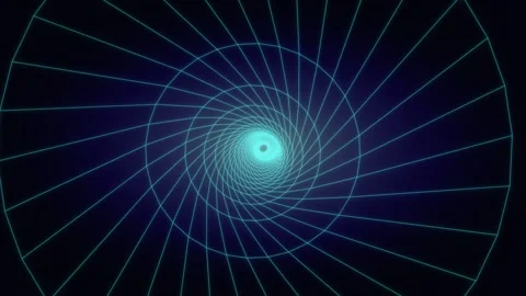 Glowing cyan wireframe tunnel spinning in dark digital space Stock Footage 336353177
