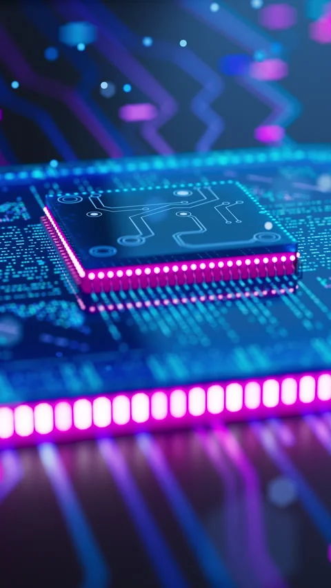 Glowing cyber chip with blue and magenta data lines Stock Footage 344157613
