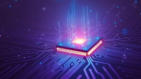 Glowing cyber microchip on high-tech motherboard animation Stock Footage 336447077
