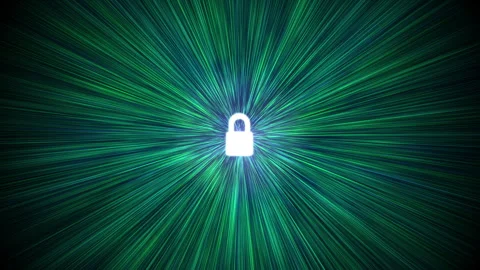 Glowing cyber security lock in green and blue data stream tunnel Video stock 331802963