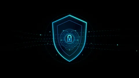 Glowing cyber security shield and padlock network data protection animation loop Stock Footage 347942044