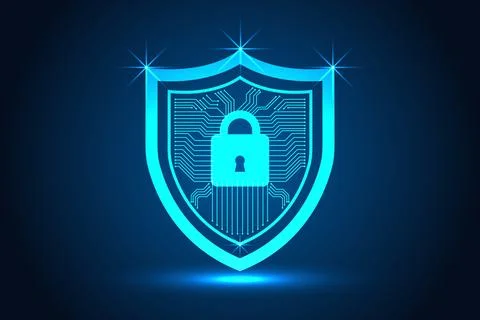 Glowing Cyber Security Shield with Lock Icon for Data Protection Technology Illustrazione stock