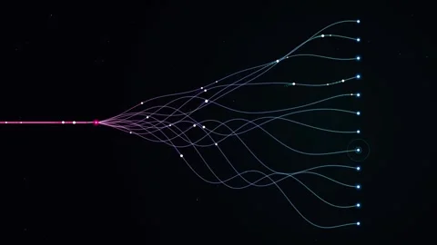 Glowing data branching node tree animation, AI neural network fiber connect Video stock 342688283