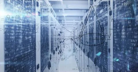 Glowing data center corridor showing server racks with blinking LEDs, cables and 스톡 사진