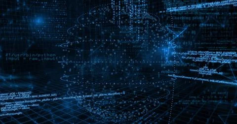 Glowing data cloud hovering over grid floor in digital space, with code snippets Stock Illustration