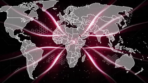 Glowing data hub in Africa igniting beams fanning map borders, hex grid Stock Footage 310151162