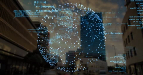 Glowing data network materializing rotating sphere as Python Java code scrolling Stock Footage 311523117