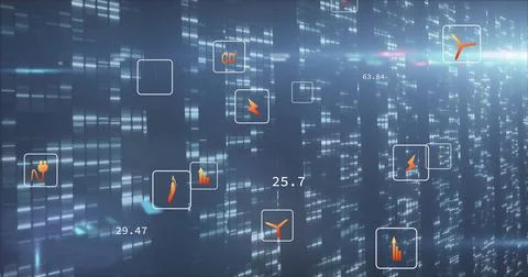 Glowing data nodes pulsing among vertical data bars, with orange icons and nu Stock Illustration