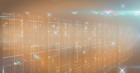 Glowing data panels flowing into receding digital corridor, showing gridlines, Illustrazione stock