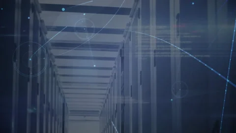 Glowing data particles emerging in rack aisle, forming connecting lines showing Stock Footage 314744771
