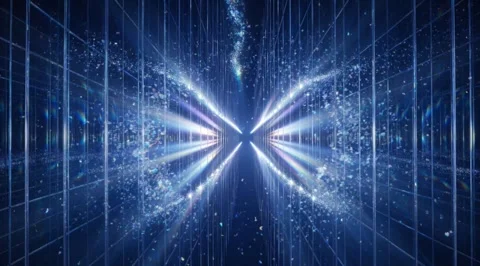 Glowing data particles merging in a digital grid Stock Footage 331457932