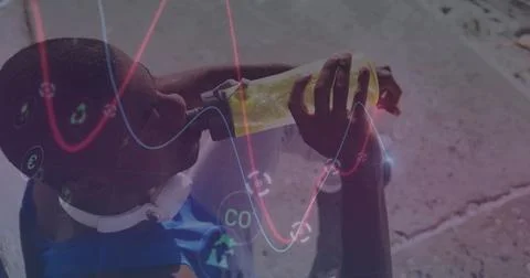Glowing data processing against african american fit man drinking water Foto stock