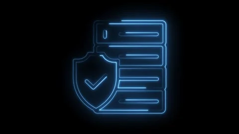 Glowing data server and security shield outline animation with check mark on Video stock 322960325
