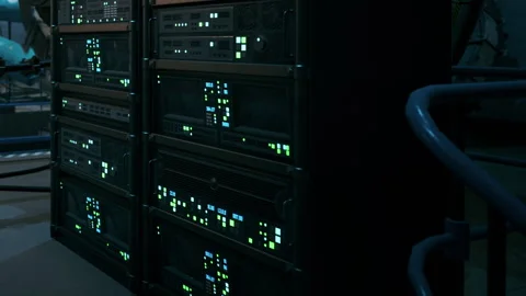 Glowing Data Servers Illuminate a High Tech Workspace in the Evening Stock Footage 344954921