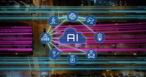 Glowing data streams and an AI icon network overlay busy night highway traffic Stock Footage 345506369