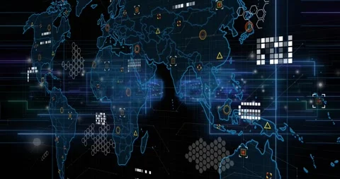 Glowing data streams converging initiating world map zooming overlaying nodes Stock Footage 316623539