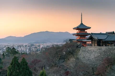 Glowing December sky during sunset over Kyoto city and pagoda of Kiyomizu-dera Stock Photos