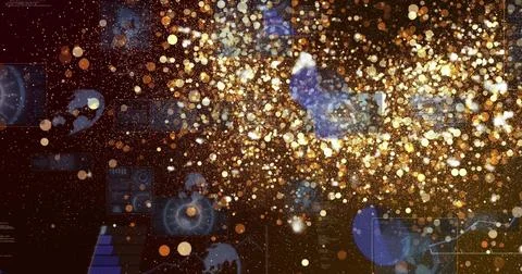 Glowing dense cloud of golden particles drifting on dark digital interface, with Stock Photos