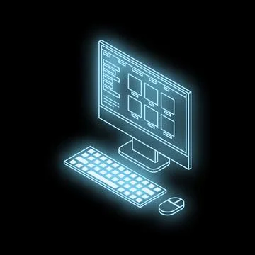 Glowing desktop computer with keyboard and mouse on black background Stock-Illustration