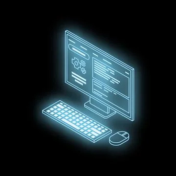 Glowing desktop pc displaying programming code on monitor in dark room Illustration