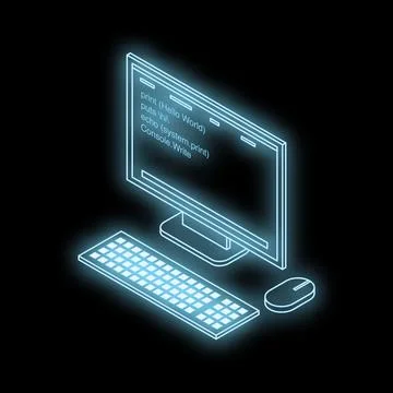 Glowing desktop pc showing hello world program in different languages Stock Illustration