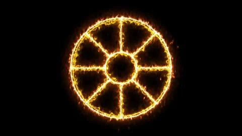 Glowing dharmachakra wheel blazes with golden flames on black. Buddhist Stock Footage 346637864
