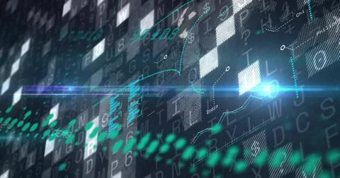 Glowing diagonal data wave and line-chart sweeping across HUD, with blue node 스톡 일러스트