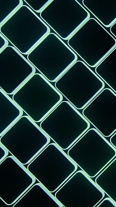 Glowing diagonal grid of rounded squares with shifting cyan and lime outlines Stock Footage 345974385