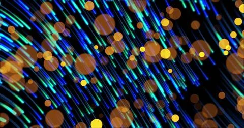 Glowing diagonal neon light streaks streaming in black studio backdrop, showing Stock Illustration