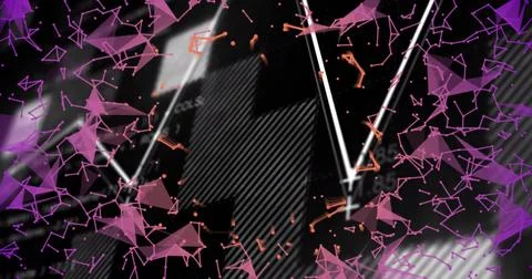 Glowing diagonal striped dark panel showing silver V hands moving in digital Stock Illustration
