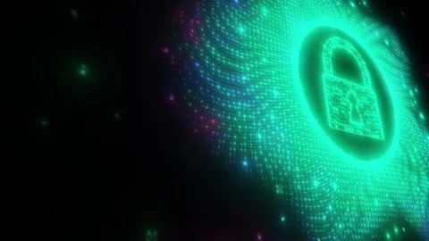 Glowing Digital 3D Padlock Pulsating in a Vibrant Neon Cyber Security Data Cloud 库存影片 331532258