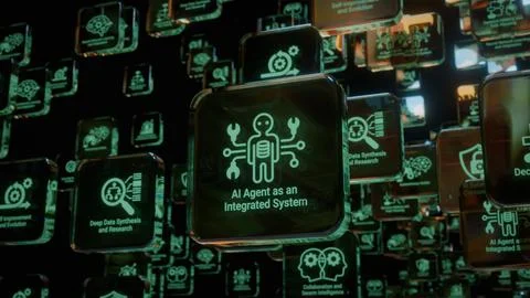 Glowing Digital AI Agent System with Interconnected Icons Representing Data.. Stock Photos