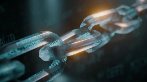 A glowing digital blockchain chain link with encrypted text, symbolizing se.. Stock-Footage 308399691