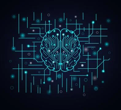 Glowing digital brain circuit representing AI neural network and futuristic Stock Illustration