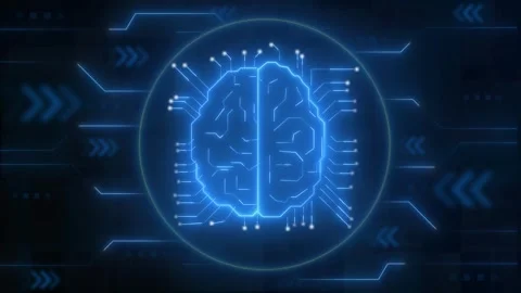 Glowing digital brain model with hardware circuit tech background. Artifici.. Stock Footage 337023069