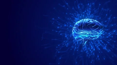 Glowing digital brain neural visual blue light trails, scattered particles, and Stock Footage 340570224