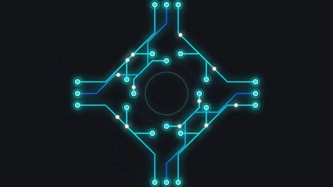 Glowing digital circuit board pathways connect nodes in technological network Stock Footage 340971305