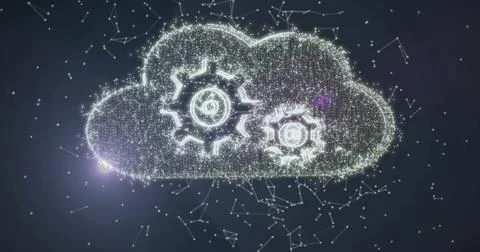 Glowing digital cloud floating in network space, with cogwheel symbols, nodes Stockillustratie